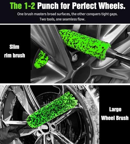 YeewayVeh 3PCS Quick Car Wheel Brush Kit, 360° Bendable Rim Cleaner, Green - Image 3