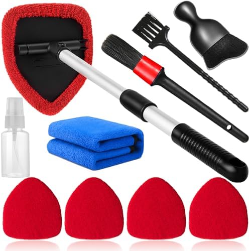 Qydipclin 10pcs Windshield Cleaning Tool Inside Car Window Cleaner Wash Kit with 4 Reusable Microfiber Pads 1 Spray Bottle and Extendable Handle Interior Auto Glass Wiper Kit, Red by Qydipclin