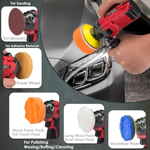 Cordless Buffer Polisher, 12V Mini Wax Buffer & Sander with 2 X 2.5Ah Battery & Charger, 1/2/3" Backing Plate, 40pcs Polishing Pads, Variable Speed for Car Detailing/Buffing/Sanding/Waxing - Image 4