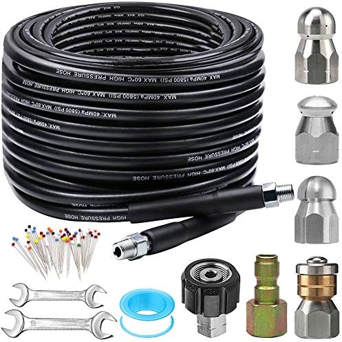 Sewer Jetter Kit for Pressure Washer 100FT, 5800PSI Drain Cleaner Hose 1/4 Inch NPT Corner, Rotating and Button Hose Sewer Jetting Nozzle Pearl Corsage Pin Waterproof Tape with 2 Spanner by ZOFINE