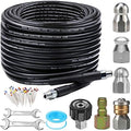 Sewer Jetter Kit for Pressure Washer 100FT, 5800PSI Drain Cleaner Hose 1/4 Inch NPT Corner, Rotating and Button Hose Sewer Jetting Nozzle Pearl Corsage Pin Waterproof Tape with 2 Spanner by ZOFINE