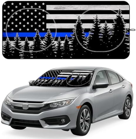 Windshield Sun Shade for Car, 63"x28.5" Stylish Printed Front Window Sunshade with Double Steel Ring Frame, Universal Fit Foldable Heat Blocker & UV Protector, with Storage Pouch (Bline Line Flag) by Unknown