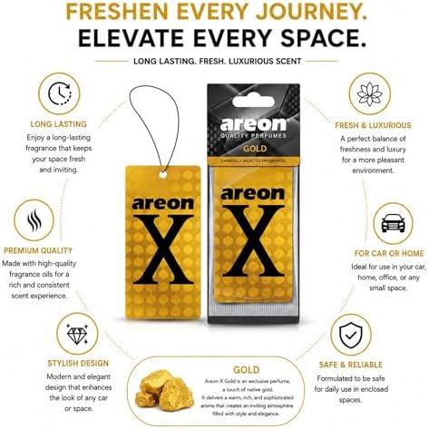AREON X Gold Hanging Car Air Freshener - Long Lasting Premium Fragrance - Elegant Vehicle Scent Freshener for Cars, SUVs, Trucks, RVs - Easy Hang Design - Stylish Interior Accessory (Pack of 3) - Image 3
