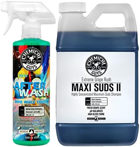 Chemical Guys CWS_1010_64A Car Wash, Dry & Shine Bundle - Maxi-Suds II Foaming Car Wash Soap, 64 Oz (Half Gallon), Grape Scent + After Wash Gloss Boosting Drying Aid (16 oz) (2 Items) by ChemicalGuys