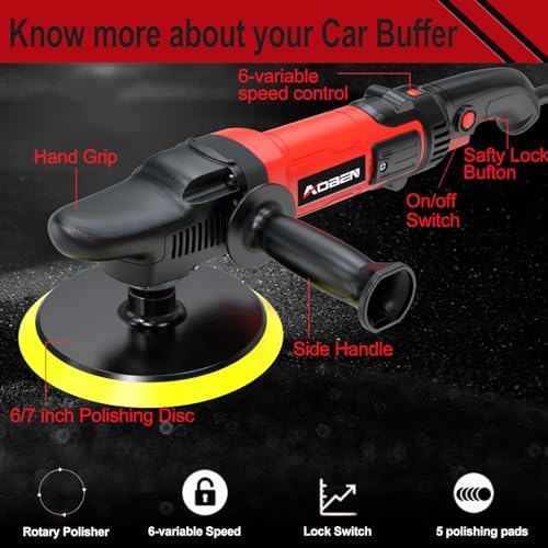 AOBEN 6/7 inch Buffer Polisher,Rotary Car Buffer,1600W Car Polisher Waxer Kit with 6 Variable Speed 1000-3500RPM & 4 Polishing Pads,Detachable Handle for Car Polishing and Waxing - Image 2