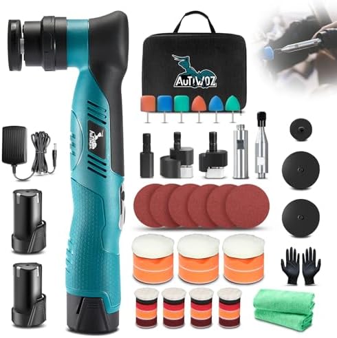 AUTIWOZ Cordless Mini Polisher Fast Change 1/3inch 12mm and 3mm Orbital, DA/RO Small Polisher for Car Detailing 6 Speeds, 2Pcs 2000mAh Li-ion Batteries, with Collet, Cone Cylinder Polishing Pads by AUTIWOZ