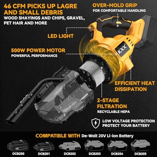 Cordless Vacuum for Dewalt Battery, 5 in 1 Handheld Electric Vacuum Cleaner with 500W Powerful Motor, 46 CFM Portable Hand Vacuum with Filtration HEPA for Floor, Carpet, Car (Battery Not Included) - Image 3