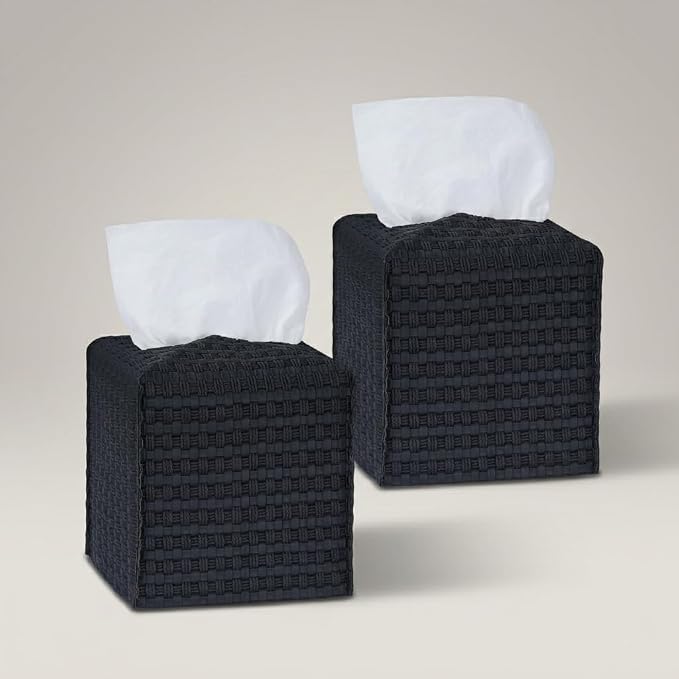 Tissue Box Cover 2-Pack, Square Tissue Holder with Bottom Belt, Modern Tissue Case Facial Paper Organizer Dispenser for Bathroom, Office, Home, Table, Car, Woven Pattern Black by Avolander