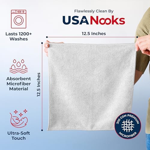 USANOOKS Microfiber Cleaning Cloth - White - 24Pcs (12.5x12.5 inch) High Performance - 1200 Washes, Ultra Absorbent Car Towel Traps Grime & Liquid for Streak-Free Mirror Shine - Car Washing Cloth - Image 2