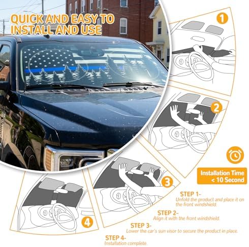 Windshield Sun Shade for Car, 63"x28.5" Stylish Printed Front Window Sunshade with Double Steel Ring Frame, Universal Fit Foldable Heat Blocker & UV Protector, with Storage Pouch (Bline Line Flag) - Image 5
