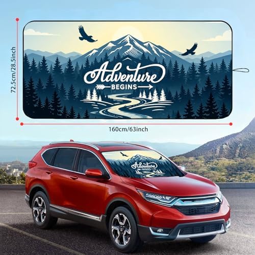 Windshield Sun Shade for Car, 63"x28.5" Universal Fit Front Window Sunshade with Double Steel Ring Frame, Car Sun Shade, UV Protection Windshield Cover with Storage Pouch (Adventure) - Image 2