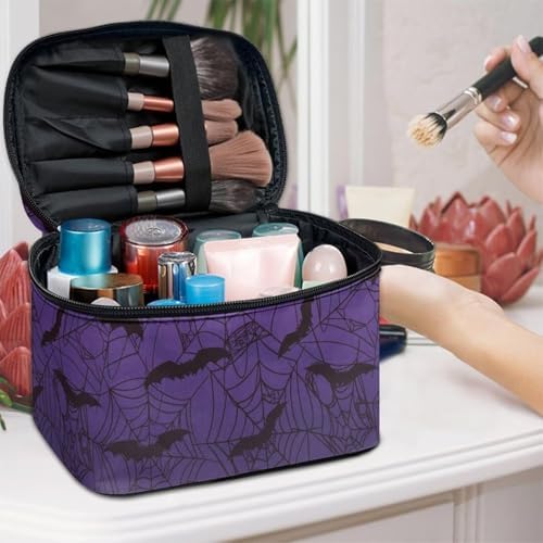 Purple Makeup Bag for Women Large Capacity Travel Makeup Bag with Handle Spider Web Bat Print Toiletry Bags for Travel Holiday Halloween Party - Image 3