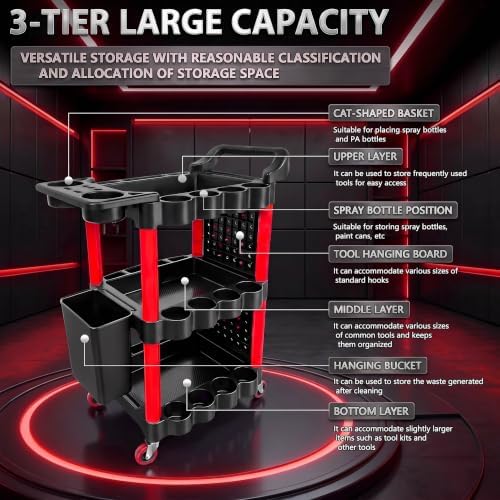 Auto Detailing Cart with Wheels, 3 Tier Rolling Detail Cart - Image 3