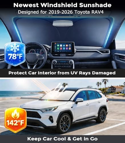 DMJN Front Windshield Sun Shade for Toyota RAV4 (2019-2026), [Nano Ice-Crystal Coatings] UPF50+ Heat & UV Block, Protect Car Interior & Keep Cool, Flodable Steel-Ring Car Cover for Summer - Image 2