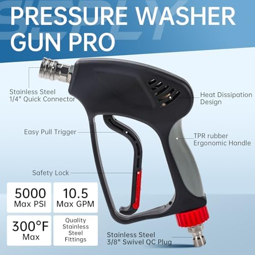 Pressure Washer Short Gun, 5000 PSI/10.5 GPM High Power Washer Spray Gun with 5 Nozzle Tips, 3/8'' Swivel Quick and M22-14mm Connect for Foam Cannon Car Wash - Image 5