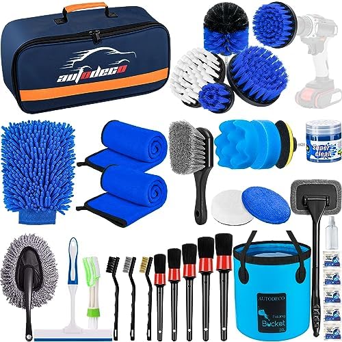 34Pcs Car Detailing Brush Set, Car Detailing Kit, Auto Detailing Drill Brush Set, Car Detailing Brushes, Car Wash Cleaning Tools Kit for Interior, Exterior, Wheels, Blue by AUTODECO
