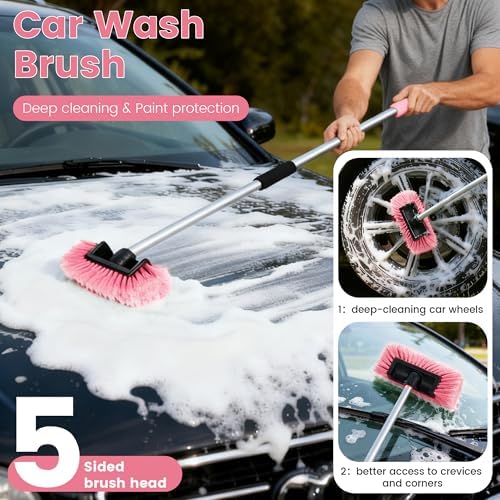 Car Wash Brush with Long Handle, 60'' Soft Bristle Cleaning Brush, Car Cleaning Brushes, Carwash Brushes for SUV, RV, Boat, Truck, House Siding, Sweep Snow,Pink - Image 2