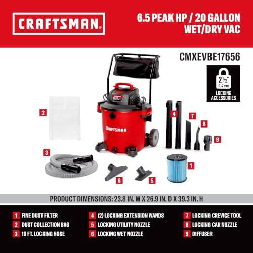 CRAFTSMAN CMXEVBE17656 20 Gallon 6.5 Peak HP Wet Dry Shop Vacuum with Cart - Image 3
