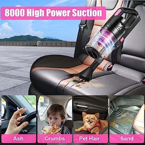 Car Vacuum Cordless Rechargeable, 8000PA High Power Handheld Vacuum Cleaner with 17PCS Car Cleaning Kit, Pink Auto Accessories for Women Gift - Image 2