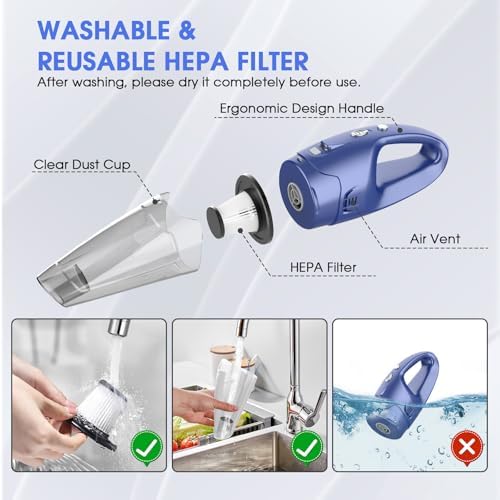 YOOHI Handheld Vacuum Cordless Rechargeable – 6000Pa Mini Hand Held Vacuum, LED Light, 20–25 Mins Runtime, USB Charging, 500ML Cup – Lightweight Small Vacuum Cleaner Cordless for Car/Office/Home - Image 4