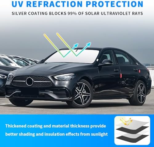 Front Windshield Sun Shade Custom Fit Compatible for Benz C Class W204 W205 C250 C300 C400 Sunshade Foldable UV Ray Reflector Visor Protector Accessories Shield Cover Reflective (for Benz C W204 205) - Image 3