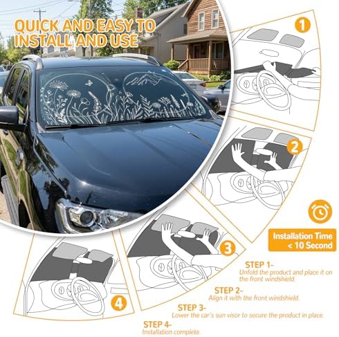 Windshield Sun Shade for Car, 63"x28.5" Stylish Printed Front Window Sunshade with Double Steel Ring Frame, Universal Fit Foldable Heat Blocker & UV Protector, with Storage Pouch (Line Floral) - Image 5