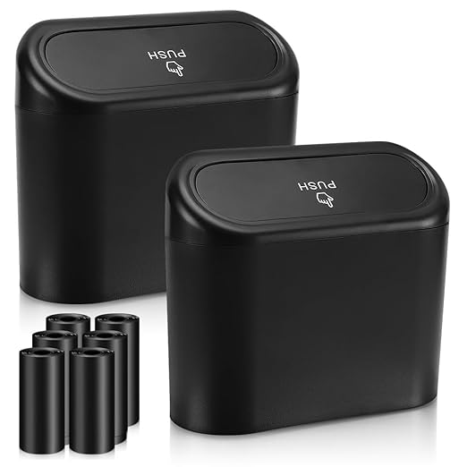 Accmor 2 Pack Car Trash Can with Lid, Mini Auto Dustbin, Leakproof Vehicle Garbage Bin with 90pcs Trash Bags, Multipurpose Interior Accessories Storage Container Cute Garbage Bin for Car, Office, Home by Accmor