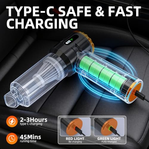 Handheld Vacuum Cleaner Cordless, 23000Pa Powerful Car Mini Vacuum Cleaner, Rechargeable Portable Lightweight dust Catcher for Home Car Carpet Stairs Pet Hair Deep Cleaning（Black-Orange） - Image 6