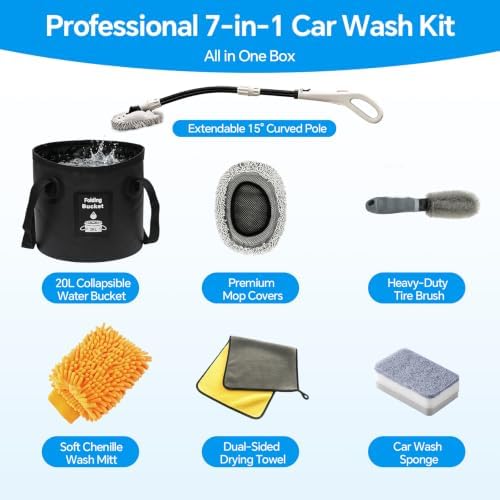 7-in-1 Car Wash Kit with 20L Folding Bucket & Brush – Car Wash Mop with Long Handle, 15° Curved Aluminum Pole for SUV Roof, Car Washing Brushes & Cleaning Supplies, RVs-White. - Image 2