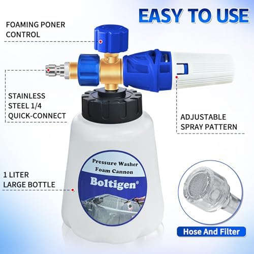 Boltigen Pressure Washer Foam Cannon with Dual Connector, 1L Thick Snow Foam Blaster, Adjustable Foam Sprayer with 1/4" Quick Connect & M22-14 Adapter for Cars, Trucks, SUVs, Motorcycles - Image 3