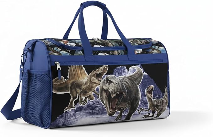 Jurassic World Kids Duffle Bag 16.5" – Dinosaur Travel & Sports Bag with Zipper Pocket, Mesh Side Pockets & Strap by FASTFORWARD