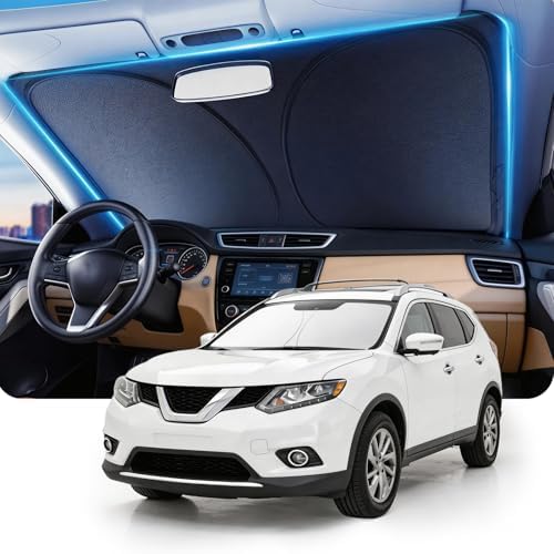 DMJN Front Windshield Sun Shade for Nissan Rogue (2021-2026), [Nano Ice-Crystal Coatings] UPF50+ Heat & UV Block, Protect Car Interior & Keep Cool, Flodable Steel-Ring Car Cover for Summer by DMJN