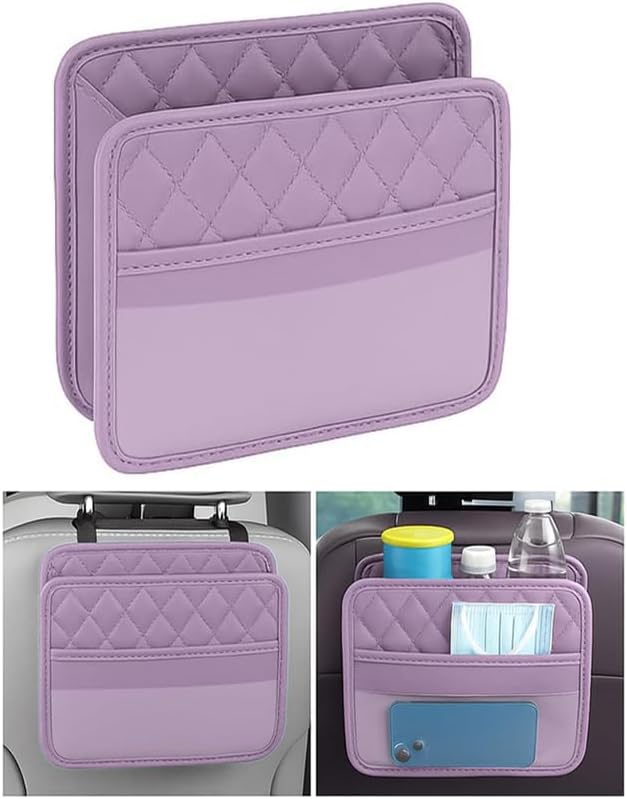 Mandark PU Leather Car Seat Back Organizer, Purple | Three-pocket layout with clear panel, elastic strap installation, fits most cars, SUVs, and trucks, car interior accessories by Unknown