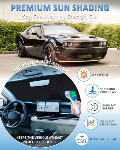Sun Shade for Challenger Windshield Sunshade for 2015-2023 Dodge Challenger Accessories Coupe,SRT Hellcat,Redeye,GT,RT,TA Coupe,Widebody,SXT,RT Scat Pack Front Window Cover Shield Visor Protector - Image 2