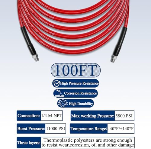 100FT Sewer Jetter Kit for Pressure Washer, 1/4''NPT Drain Cleaner Hose 5800PSI, Pressure Washer Cleaning Kit with Corner Rotating Button Sewer Jetting Nozzles, Quick Connect Set - Image 3