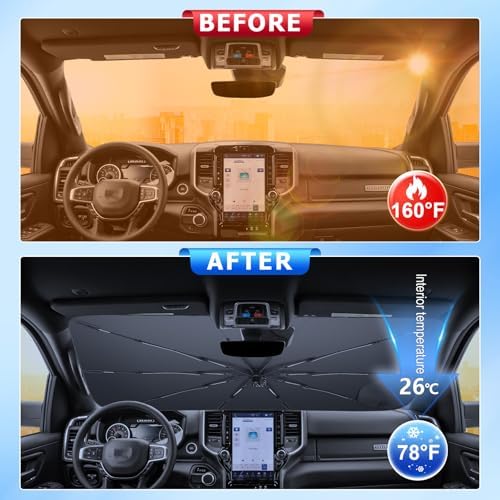 Windshield Sunshade Umbrella for 2019-2026 Dodge Ram 1500 2500 3500 Custom Fit Windshield Sun Protector Cover 6-Layer Heat-Resistant Fabric Ultra-Strong Fiberglass Frame (for 2019-2026 Dodge Ram) - Image 2