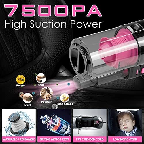 17pcs Car Cleaning Kit, Pink Car Interior Detailing Kit with High Power Handheld Vacuum, Detailing Brush Set, Windshield Cleaner, Cleaning Gel, Complete Auto Accessories for Women Gift - Image 2