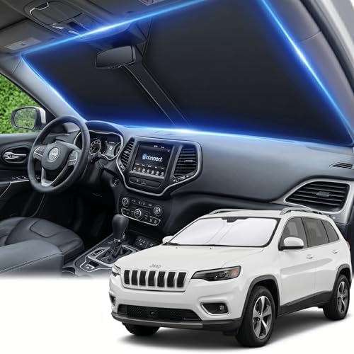 Custom Fit Windshield Sun Shade for Jeep Cherokee 2014-2023, 4-Layer 240T Front Window Visor, Foldable UV Ray Blocker, Car Accessories by AuyNeas