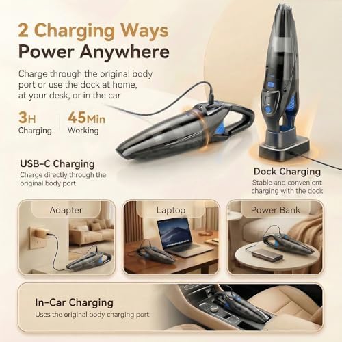 Handheld Vacuum Cordless, 25000Pa Powerful Suction Car Vacuum Portable Cordless with 8000mAh Battery & LED Light, Hand Held Vacuum Rechargeable with HEPA Filters, Home, Car Seats, Pet Hair Blue - Image 6