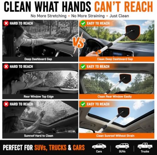 XINDELL Interior Windshield Cleaner Tool, Extendable Car Window Cleaning Kit with 360° Rotating Head - Image 3