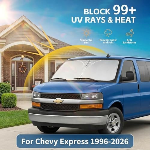 Windshield Sun Shade for Chevy/Chevrolet Express 1996-2024 2025 2026 Sunshade Front Window Shade Custom Fit Express Accessories Sun Visor Foldable Shade Blocks UV Rays Accessories - Image 2