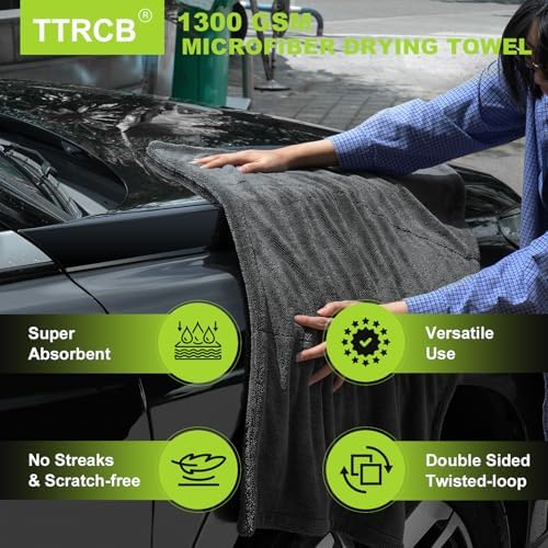 TTRCB 2 Pack Car Drying Towel, 1300 GSM Microfiber Towels for Cars (36" x 24" & 16" x 16"), Car Wash Mitt, Ultra-Absorbent, Streak Free, Car Wash Kit, Car Cleaning Detailing Supplies for SUVs, Trucks - Image 2
