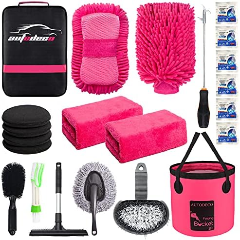 22Pcs Car Wash Cleaning Tools Kit Car Detailing Set with Canvas Bag Pink Collapsible Bucket Wash Mitt Sponge Towels Tire Brush Window Scraper Duster Complete Interior Car Care Kit by AUTODECO