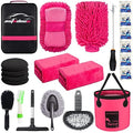 22Pcs Car Wash Cleaning Tools Kit Car Detailing Set with Canvas Bag Pink Collapsible Bucket Wash Mitt Sponge Towels Tire Brush Window Scraper Duster Complete Interior Car Care Kit by AUTODECO