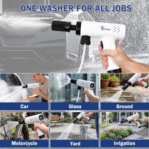 Syluris Cordless Portable Washer, Lightweight Car Cleaning Tool with 5-in-1 Nozzle, Handheld Cleaning Battery Washers for Car, Home, Patio & Garden (White) - Image 7