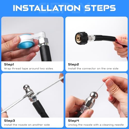 Sewer Jetter Kit for Pressure Washer, 50FT 5800 PSI Drain Cleaner Hose with 1/4" NPT Corner, Rotating and Button Hose Sewer Jetting Nozzle, Waterproof Tape, Pearl Corsage Pin, Spanner, Glove - Image 6