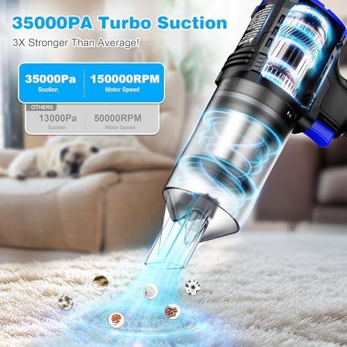 Car Vacuum Cordless, 35000PA Strong Suction Handheld Vacuum with 2 Detachable Batteries, 60Min Runtime Portable Vacuum Cleaner for Car Detailing, Pet Hair, Home Couch & Office, 350ML XL Dust Cup - Image 2