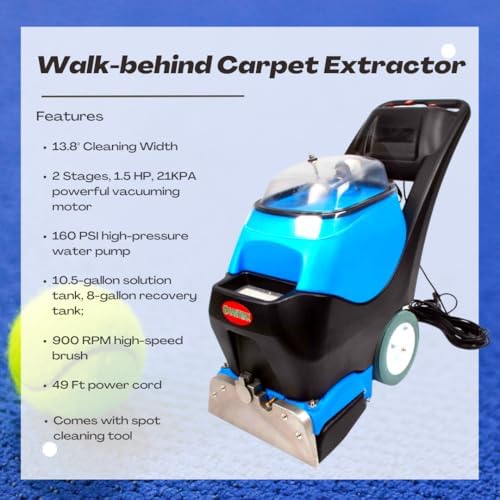 Commercial Walk-Behind Carpet Extractor Machine, 160 PSI Cold Water Carpet Cleaner, 21 KPA Suction, 13.8" Brush Width, 18.5" Squeegee Width, 10.5-Gal Solution Tank, 8-Gal Recovery Tank - Image 2