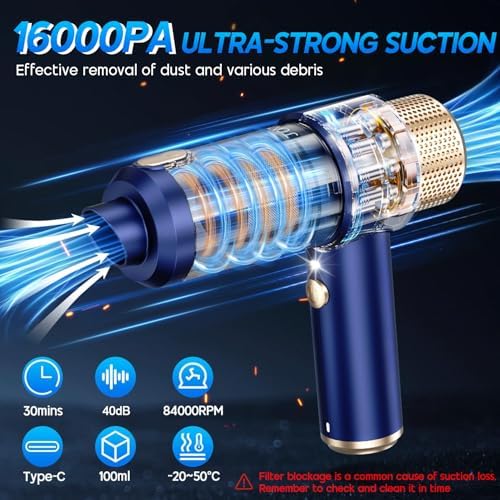 Handheld Car Vacuum Cleaner, 16000PA Hand Held Vacuum Portable Cordless, 2 in 1 Air Duster and Vacuum Cleaner with LED Light, Multi-Nozzles, 120W High Power Mini Vacuum for Home, Pet, Office - Image 3