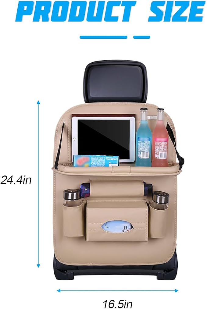 Leather Seat Back Organizer with Foldable Table Tray, Beige | kick-mat function, rear-seat protective surface, multifunctional use, fits most cars SUVs and trucks, interior item - Image 2